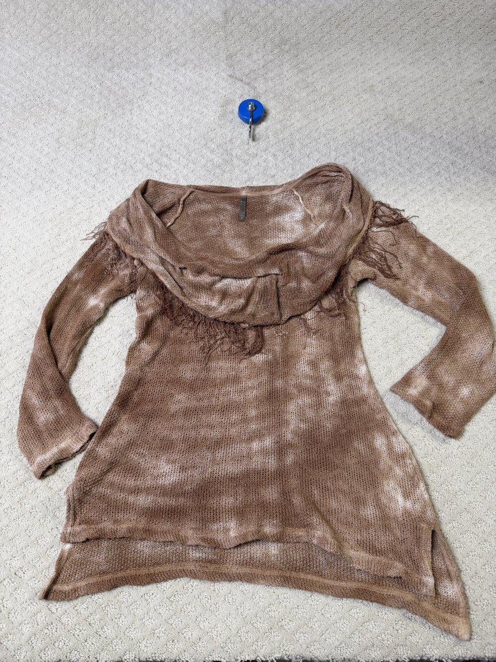 XCVI Cowl Neck Fringe Tunic Sweater Womens Brown Tie Dye Open High Low Size L